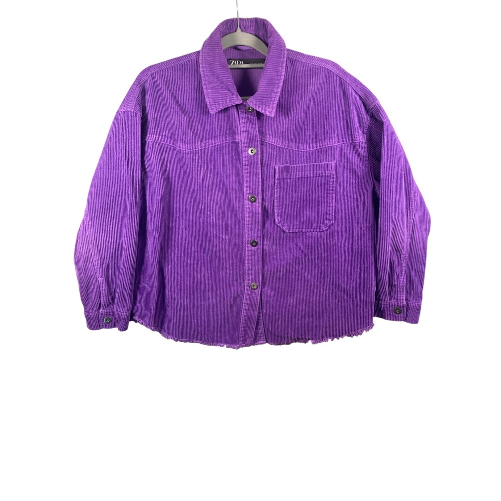 Zara Womens Purple Corduroy Shacket Raw Hem Oversized Button Down Jacket L